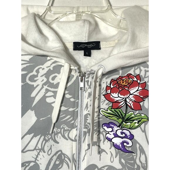 Ed Hardy White Tiger Rose 100%Cotton Drawstring Zip Crop Hoodie Jacket Sz L - Picture 9 of 11